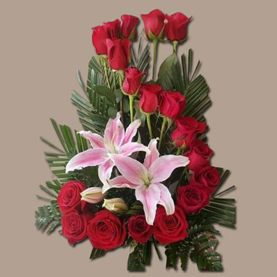 "Flower arrangement with Red roses and Pink Lilies - Click here to View more details about this Product